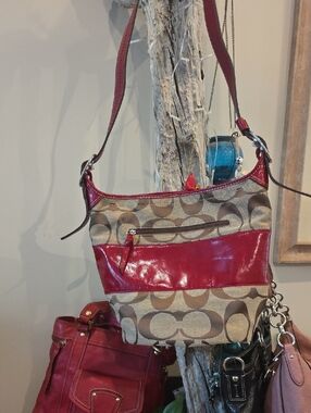 Red patent bucket bag